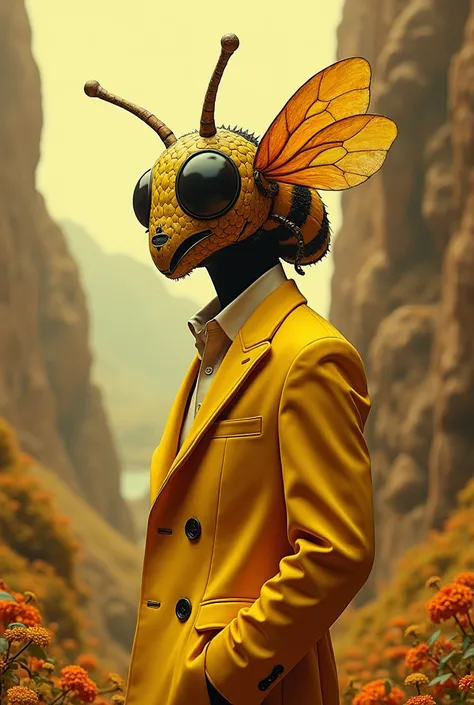 Man with bee mask in yellow suit standing sideways