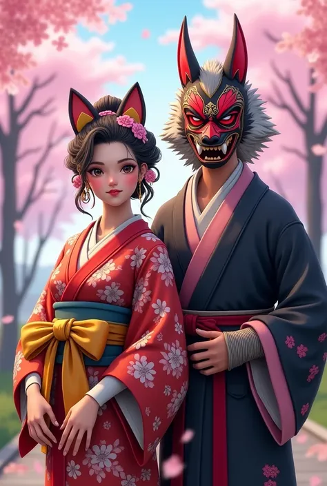 The image you uploaded appears to depict two characters from *Free Fire*, both wearing traditional Japanese-inspired outfits and masks. Here are the details based on the visual elements:

1. **Female Character:**
   - **Attire:** The female character is we...