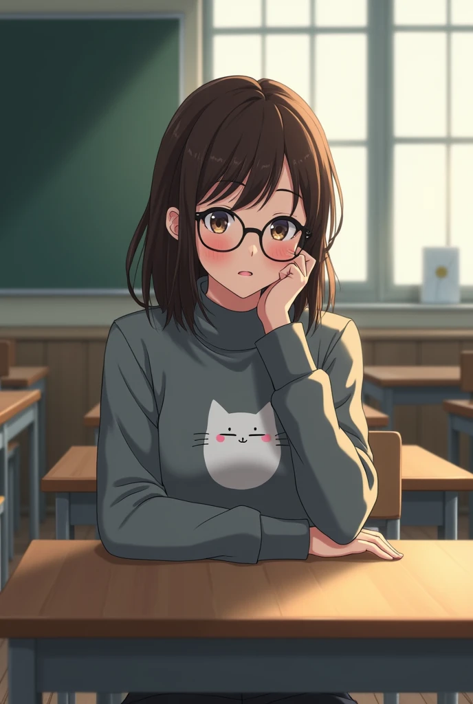 Brunette anime girl with medium length hair wearing glasses with a gray coat with a white kitten face printed in the middle of the coat and jeans sitting at a desk in a classroom looking at the user discreetly a little blushing