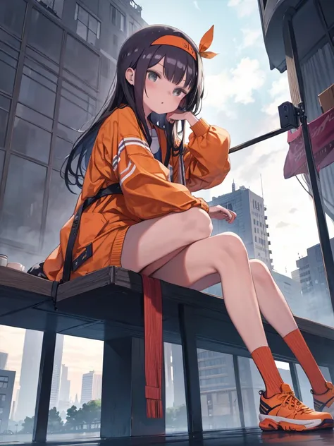 One girl,Orange shoes,Alone,Sitting,null,cloud,Outdoor,Black Hair,bird,上方fromの眺め,blue null,White socks,Daytime,Orange Jacket,building,Long sleeve,leaf,Long Hair,stage,red Headband,Pump rope,Headband,bangs,cloudy null,from_Under,wide_shot,