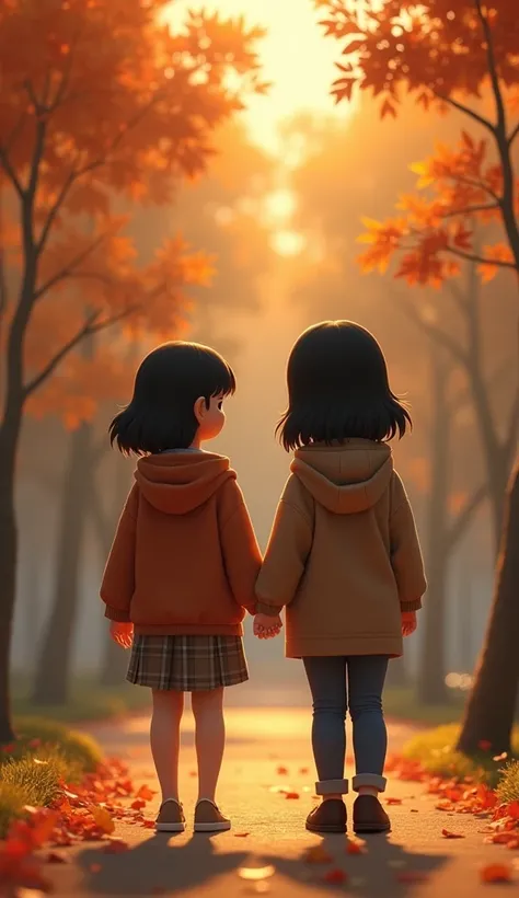 Pixar Style,Back view of a 25-year-old couple on their way home、A 2 woman looks at them from afar, saying that they look sad.。Couple in the back、Woman in front、Autumn park, The woman has light black hair and round cheeks., A little plump. 8K Yen)), Kim Do-...