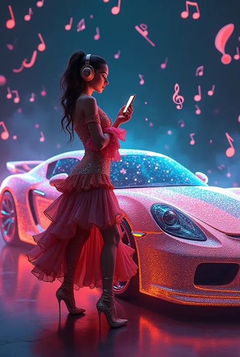 Realistic image fiction. A lush woman in very elegant Spanish bullfighter clothes with stiletto heels is wearing headphones and is dancing next to a luxury sports car made of very shiny multi-colored luminous crystals looking at her iPhone phone . Large br...