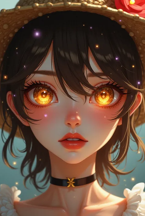 (Close-up of a better masterpiece:1.5)0.9], (flowers and rain:1.2) (Messy brown hair:1.1) (Heterochromia xanthochromia and brown eyes:1.2) (traditional hat:1.0) (Colored stars in the eyes:1.0) (A radiant glow:1.1) (thick lips:0.9)