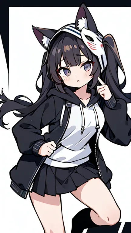 masterpiece, Best Quality, Absurd, Izuka_Minors, One girl, Wearing a white mask, Black Hair, Long Hair, Short Twin Tails, bangs, Hair Intake, Large Breasts, high school student, hoodie, フード付きのhoodie, jacket, black jacket, Black Mini Skirt