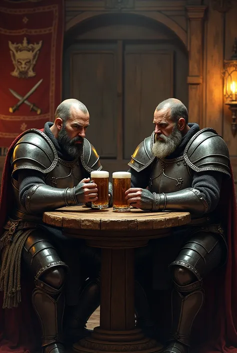 Two knights sitting in a middle age tavern drinking ale,the walls and the tables are made of wood in a dark fantasy style 