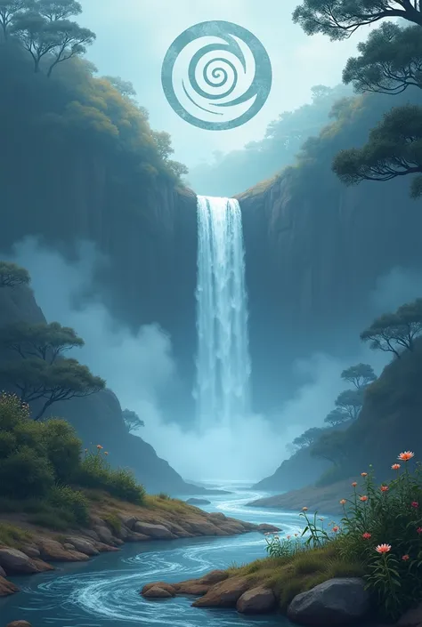 Forest with a waterfall, water with mist and dense fog and land on the sides with plant shoots and flowers, ethereal in shades of blue and brown with large spiral symbol, simple and spaced celtic in the middle of the fog 