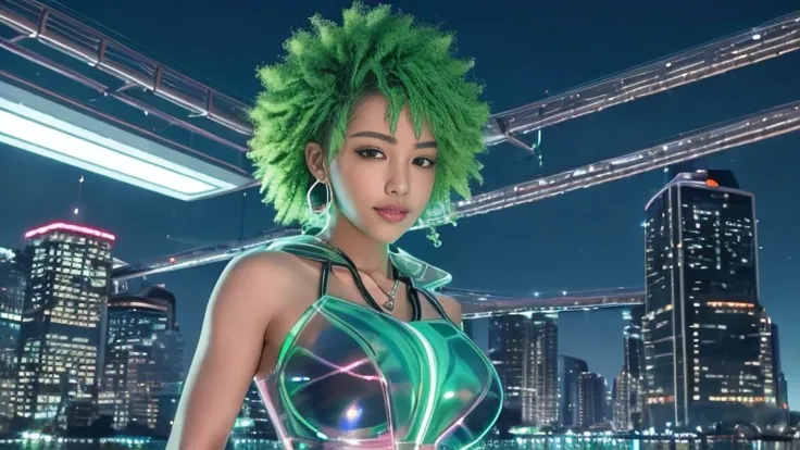 Lake at night,(Beautiful night lighting:1.3),(Standing on the water:1.3)The actress is a very beautiful adult woman.........(Sexy super shiny green transparent holographic cyberpunk suit、Green afro hair、Hooded:1.3) ,(LEDで明るく光る機械式のHoodedスーツ:1.3),Surrounded ...