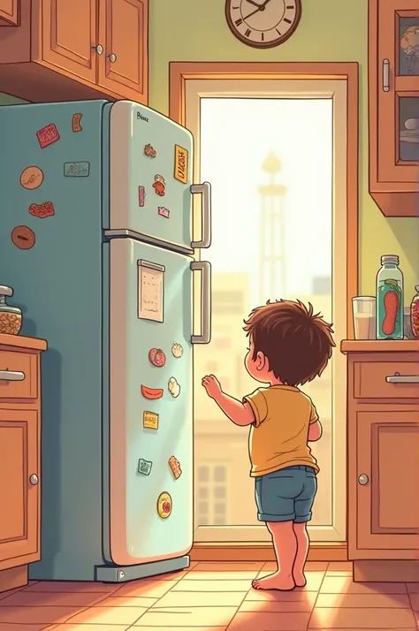 Child in a kitchen looking at the open refrigerator (simple hand drawn drawing, comic book style)