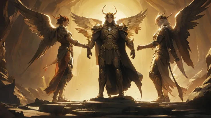 "Two angels, Enronn and Volkor, reach toward each other in a dynamic, tense version of Michelangelos Creation of Adam pose. Enronn, clad in shining golden armor, reaches out with an expression of hope and compassion, symbolizing his love for humanity. Oppo...