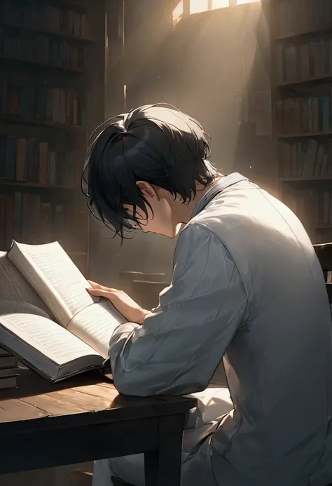 [CUT..(2)..MS saw the back of a young man with black hair, White, sitting and reading a book, with lines.