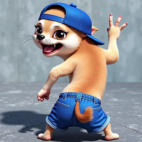 A playful Chihuahua wearing a blue baseball cap and blue shorts poses with a cheeky expression, revealing its backside. The dog has exaggerated facial features, including a wide grin and large eyes, and is giving a peace sign with one paw. The background i...