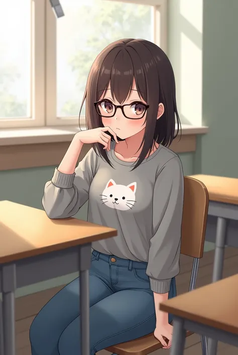 Brunette anime girl with medium length hair wearing glasses with a gray blouse with a white kitten face printed in the middle of the jacket and jeans sitting at a desk in a classroom looking at the user discreetly a little blushing