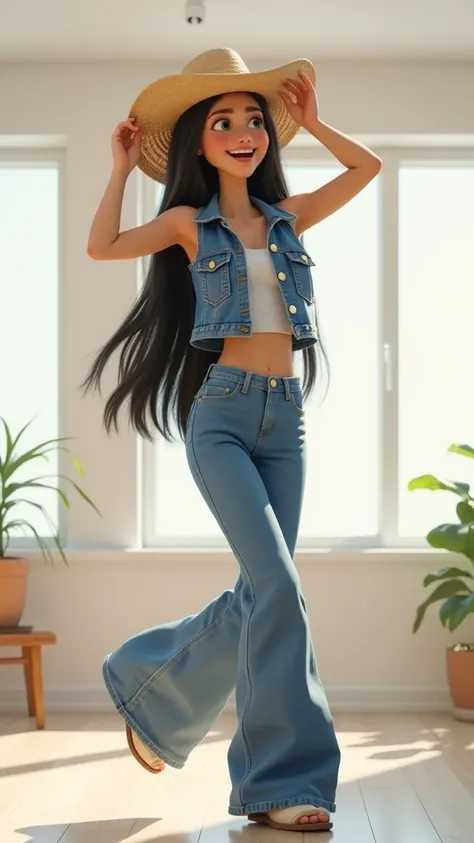 Girl in her 20’s. Very long straight black hair. Wearing cropped buttoned jean fabric sleeveless vest and long jeans with natural straw hat. Dancing cowboy song at her all white modern apartment. Pixar style
