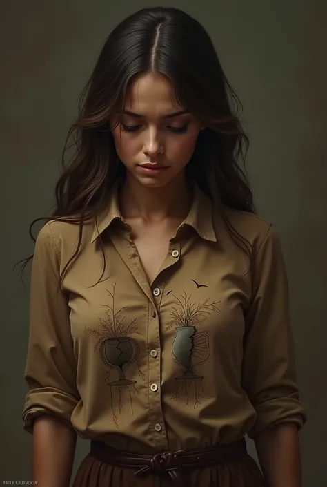 Brown blouse with artwork based on The sacrifices that please God are a broken spirit; a broken and contrite heart, See also, you will not despise.