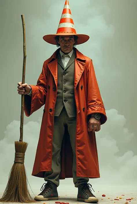 7 man in magician&#39;s robe, with a traffic cone on his head instead of a hat, Broken sneakers and a giant broom in hand