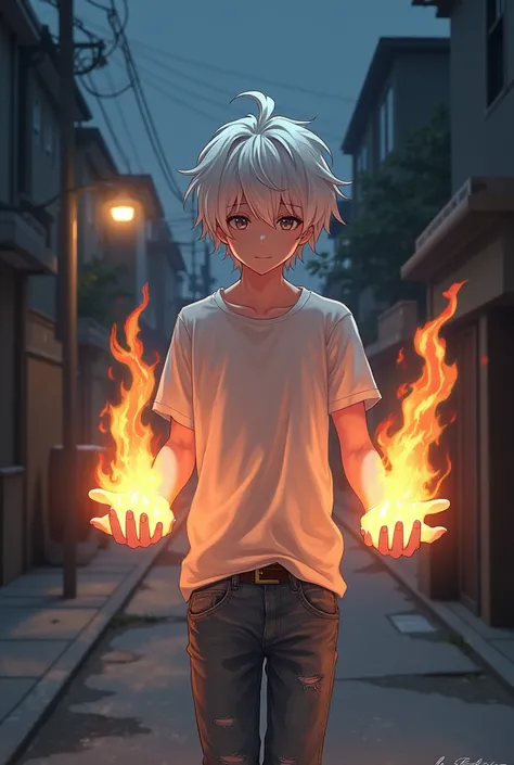 White-haired anime boy wearing a white loose T-shirt and jeans，Hands with flames，There are flames around，Background in a neighborhood，The color tone should be darker