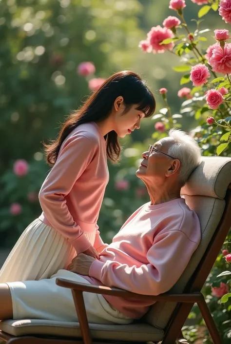 In a secluded corner of a tranquil, sun-dappled garden, an intriguing scene unfolds. An 80-year-old Japanese man reclines on a lounge chair, his small stature emphasized by the tall, young Chinese woman standing before him. She leans forward, her hands fir...