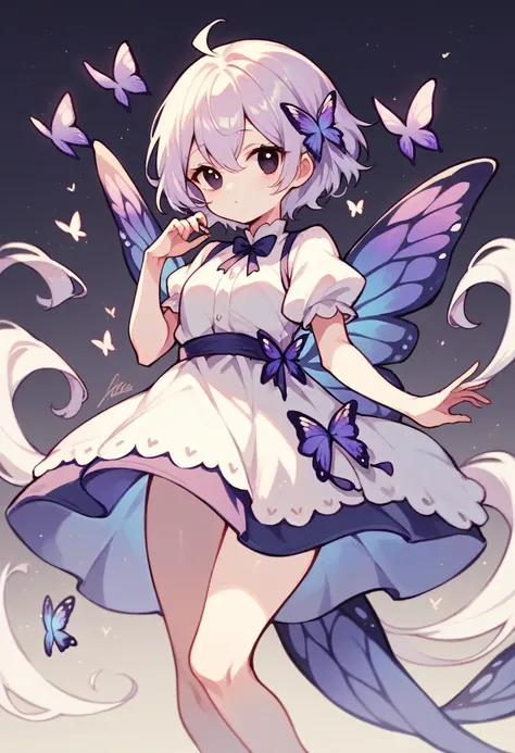 Purple butterfly with white,big round black eyes,white heart shaped wings,short purple dress,butterfly insect,no human