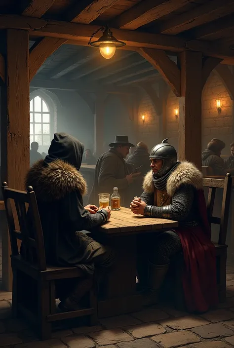 Two knights sitting in a middle age tavern drinking ale,the walls and the tables are made of wood in a dark fantasy style,and you can see more wanderers in the background being served,one of the knights is wearing a hood while the other one has helmet,the ...