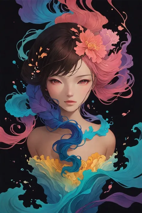 Colorful Abstract Art of Ink Forming a female portrait, Lighting, Sub-Surface Scatterring, Glow, Award-winning Underwater Ink Art by Alberto Seveso, japanese anime, realistic, surreal, 