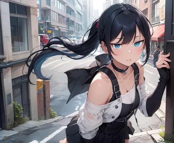 1girl, aqua eyes, back, bangs, bare shoulders, black gloves, blue eyes, braid, choker, earrings, fingerless gloves, from behind, gloves, grey hair, holding, jacket, jewelry, long hair, looking at viewer, looking back, nail polish, off shoulder, parted lips...