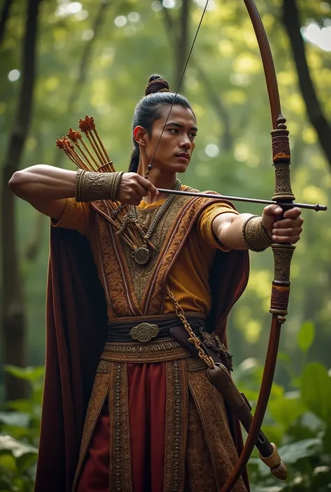 A handsome Javanese man, cosplay, One of the Majapahit Princes, he holds a very beautiful ancient bow., aiming forward, forest background, Cinematic Light, ulzzang, warm scene photography, cinematic, Lomo lens shooting technique