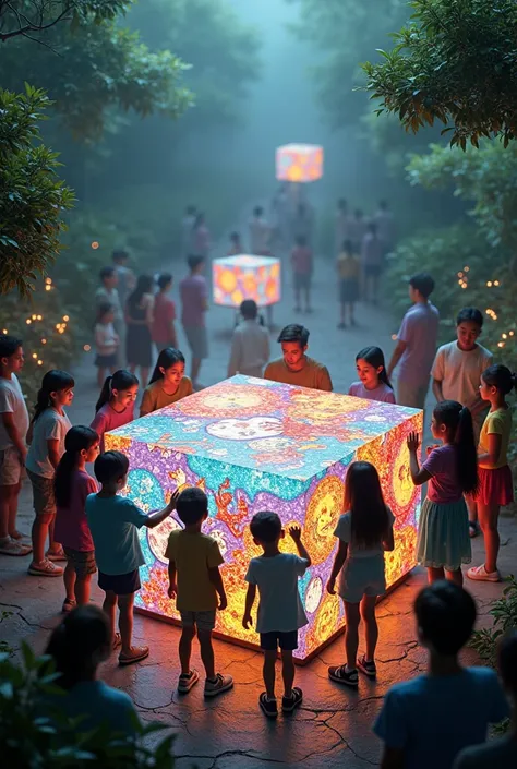 "A group of visitors gather in a common area of the zoo, Each person interacts with interactive 4x4 cubes that move with different colors and animals
