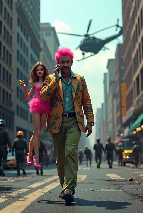 A man walking in New York talking on an iPhone, of terno and burdened by barbie, with neon hair in 3D in a zombie apocalypse and an army and a crashing helicopter