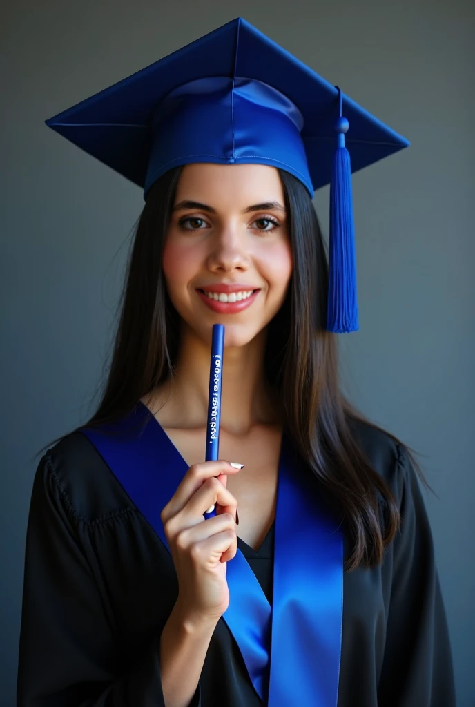 high quality, 8k Ultra HD, A beautiful Brazilian woman with straight black hair, a graduate at her graduation, Black gown dress with blue details, blue hat, holding a straw with the name pedagogy, sharp lines, The background is monochromatic, sharp focus, ...