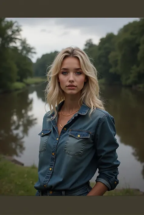 jeune femme de 25 ans au bort dune rivière, Jeans bleu, t-shirt blanc, cheveux mi-longs, yeux bleus, blonde hair, réflexion lumière, rétine, peau texturée, super détails, détails élevés, haute qualité, meilleure qualité, haute résolution, blonde hair, blon...