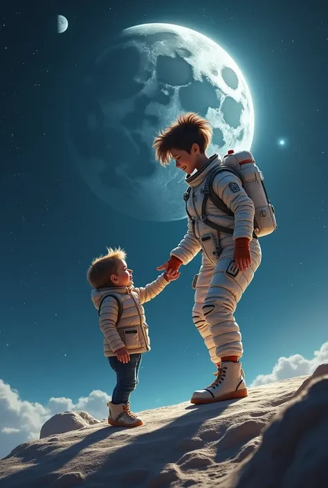 Young aunt and little (5 years old) nephew in space - aunt about 2 and cool - discover the moon in space - adventure in space