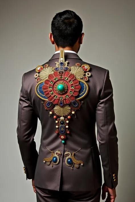 Make me a costume for the Cajamarca carnival that has accessories on the back, show me the whole suit, less colorful
