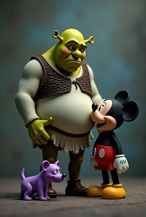 Pregnated Shrek. Sad Mickey Mouse. Scared purple dog. Sad Background. 3D