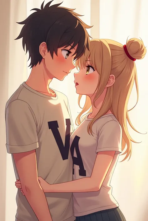 Create an image of a couple with a light-skinned man and a white woman with anime eyes. Let the love you have for each other be evident, that on their shirts the man has the letter V and the woman the letter A
