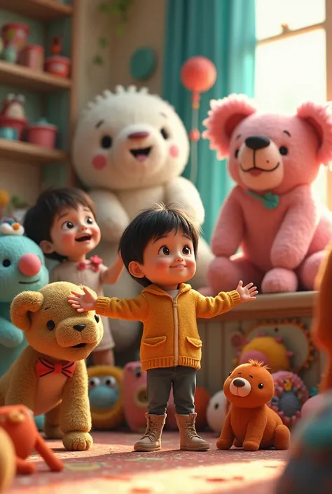 create pixar style image of children playing to capture stuffed animals in stuffed machines