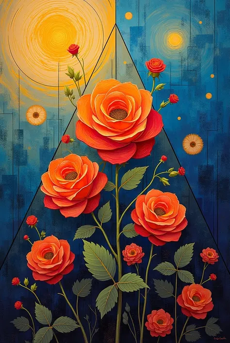 Abstract composition of Van Gogh&#39;s Song of Roses with shapes of right triangles and lines