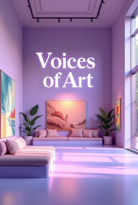 An image where I show an art gallery with the name of voices of art ( pastel purple color palette
