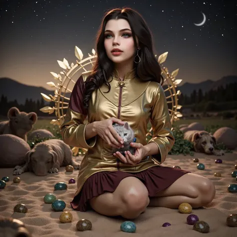 Picture in 3D. Brunette girl with dark hair, in a red and gold dress, holds a cat with white fur in his arms. Blue eye color. On the neck there is a collar in the shape of a blue bow, sits on the ground, malachites lie around them, agates and rubies, and a...