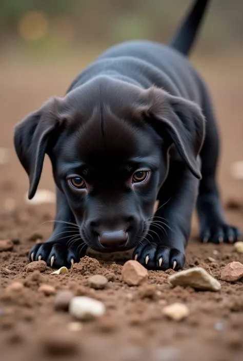 A real picture of a dark labrador puppy playing in the dirt 