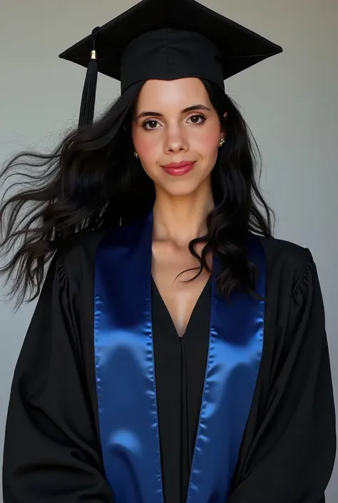 high quality, 8k Ultra HD, A beautiful Brazilian woman with black hair, a graduate student at her graduation ceremony for her degree in pedagogy, Black gown dress with blue sash at the waist, black hat, sharp lines, The background is monochromatic, sharp f...