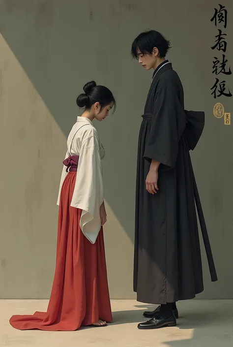 Oyuki bowed silently.、I stand there gazing intently at Junichi&#39;s face.。The kimono and haori are of dull colours.、The sleeves of the scarlet crepe undergarment are hanging down from the openings of the long sleeves.。