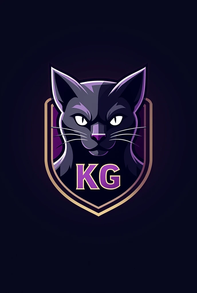 Make a soccer team crest inspired by the team name called “Kakugatas”, It should be purple and black and have to do with a professional looking cat. It should have the initials “KG” on it., and the cat&#39;s eyes are all white 
