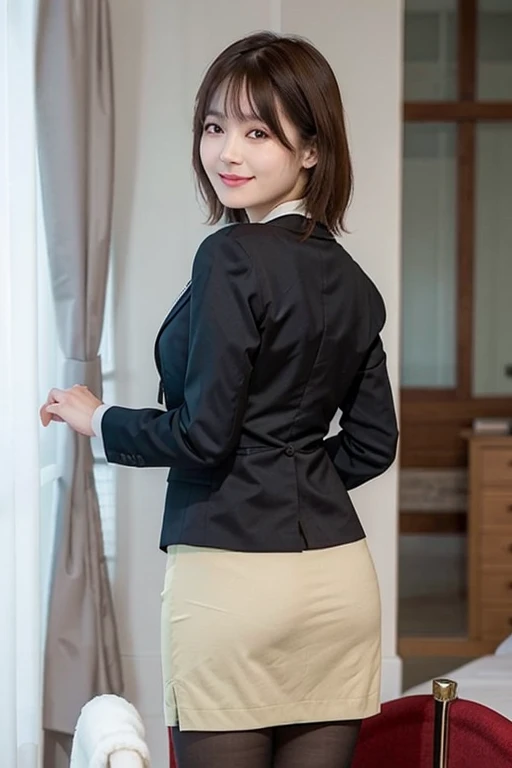 Mature woman, business suit, cotton tight skirt, beautiful skin-colored knees, up, smile, bangs, standing, back view, looking back, looking at the viewer, beautiful eyes drawn in detail, beautiful mouth drawn in detail, 8K high resolution, high quality pho...