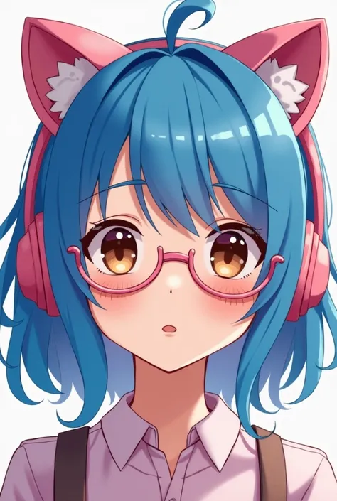 Girl with blue hair but natural brown roots, with pink headset with kitty ears. The girl has thin, pointy glasses and brown eyes.