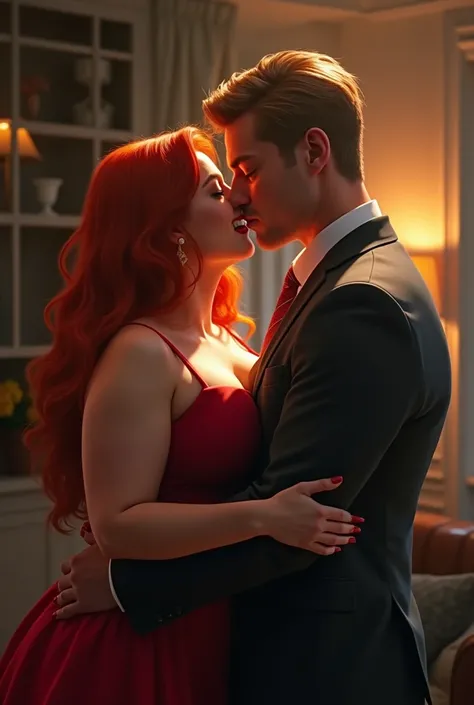 A couple of lawyers kissing passionately. The girl is overweight, red hair, voluptuous curves and a radiant smile. the boy is tall, muscular, with light brown hair and a passionate look. The scene must be romantic and emotional.