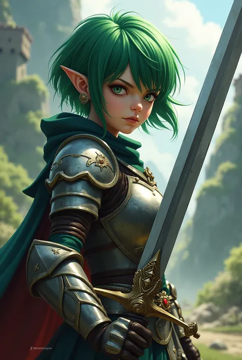 A girl with short green hair with a sword and armor