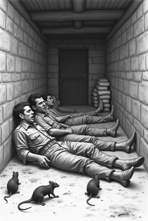 Generates a drawing as if it had been made in pencil with shading, of 4 men inside a room made of mud bricks and a thatched roof , The room is large and on one side are stacked sacks of flour and boxes.  , The men are lying inside the room near a front wal...