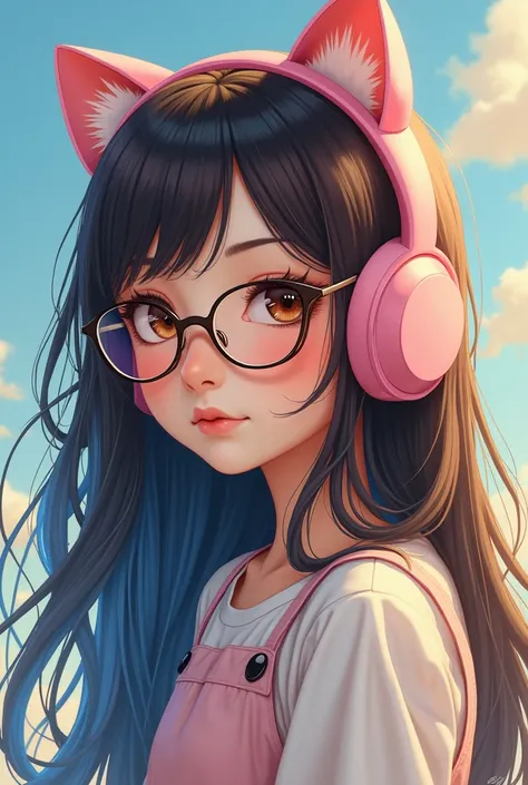 Girl with long blue hair but natural brown roots, with pink headset shaped like kitty ears. The girl has thin, pointy glasses and brown eyes.