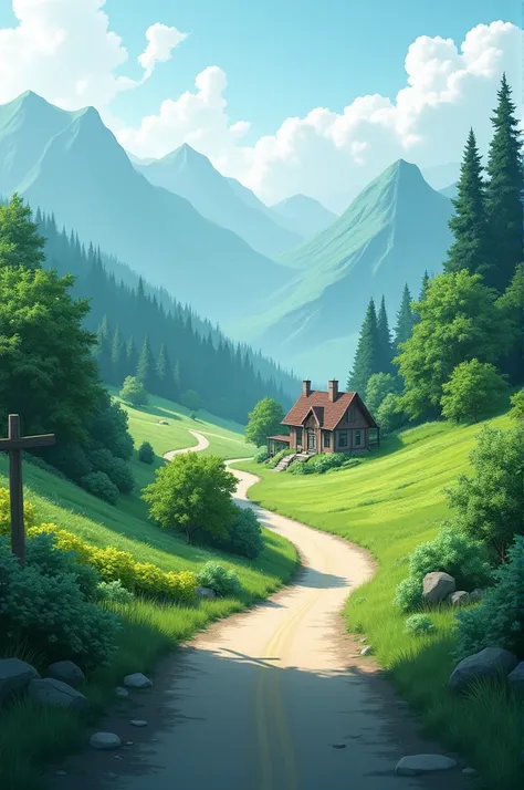 a tranquil scene: a narrow, winding road leading from a cozy house, surrounded by lush greenery. In the distance, mist-covered mountains rise majestically