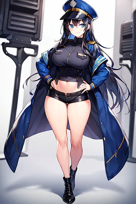 1girl, light smile, breasts, hourglass figure, standing, ((standing)), full body, ((full body)), toned, tall, navel, black hair, long hair, jacket, blue jacket, police hat, tight clothes, shorts, g-string, highleg panties, policewoman, blue eyes